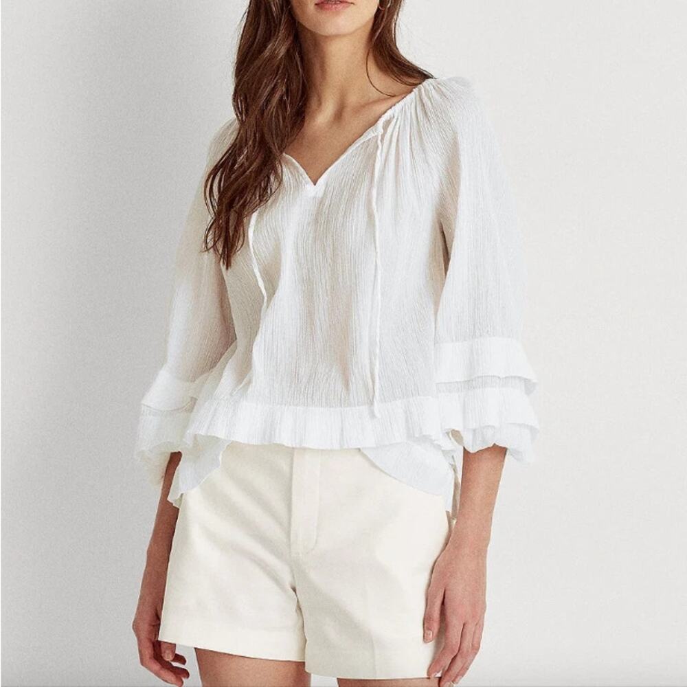 Lauren Ralph Lauren Blouse Black Label White Ruffle Gauze Sheer Sexy Cotton Sz S